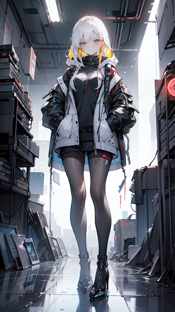 1 girl, long Yellow hair , cyberpunk, blue eyes, high heels, hand in pocket, best quality, 4k, 8k, highres, masterpiece:1.2, ultra-detailed, realistic, photorealistic, photo-realistic:1.37, HDR, UHD, studio lighting, ultra-fine painting, sharp focus, physically-based rendering, extreme detail description, professional, vivid colors, bokeh, cyberpunk, science fiction, neon lights, dark atmosphere, dramatic lighting
