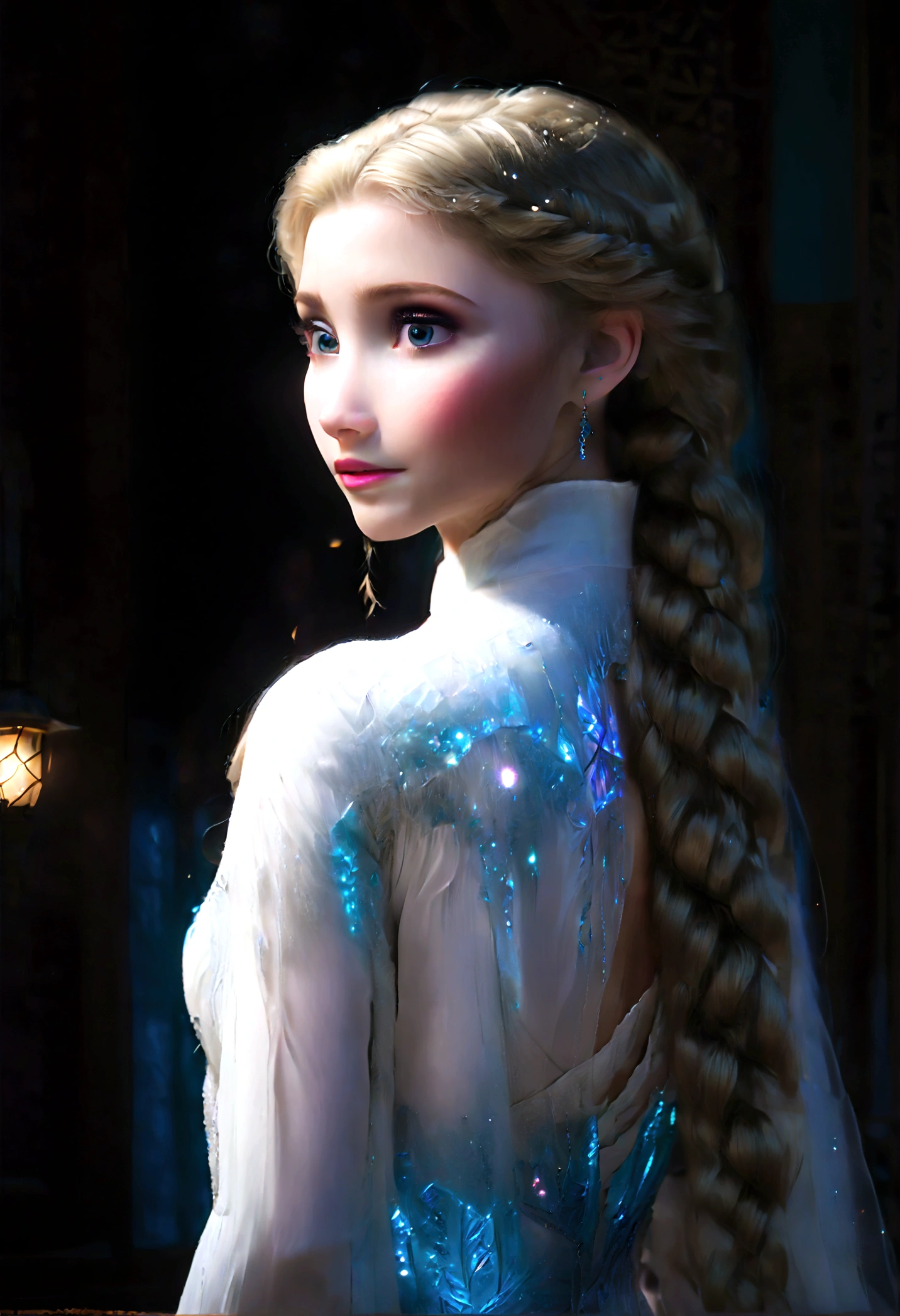 1girl, elsa \(frozen\) in the corridor of the library, (toplesss), (single braid), smooth hair, Long earrings, Elsa's White Dress, upper body, long hair, worm light, solo, (braid over shoulder:0.7), shy, (blush:0.4), detailed skin, (Back View, from behind:1.4), looking back over shoulder, Arabian palace background, Frozen_elsa_textV1-PonyXL, anime screenshot, source_anime, dramatic composition, cinematic dynamic action scene, vibrant colors, cinematic lighting, dramatic lighting, best quality, masterpiece, very aesthetic, perfect composition, intricate details, ultra-detailed