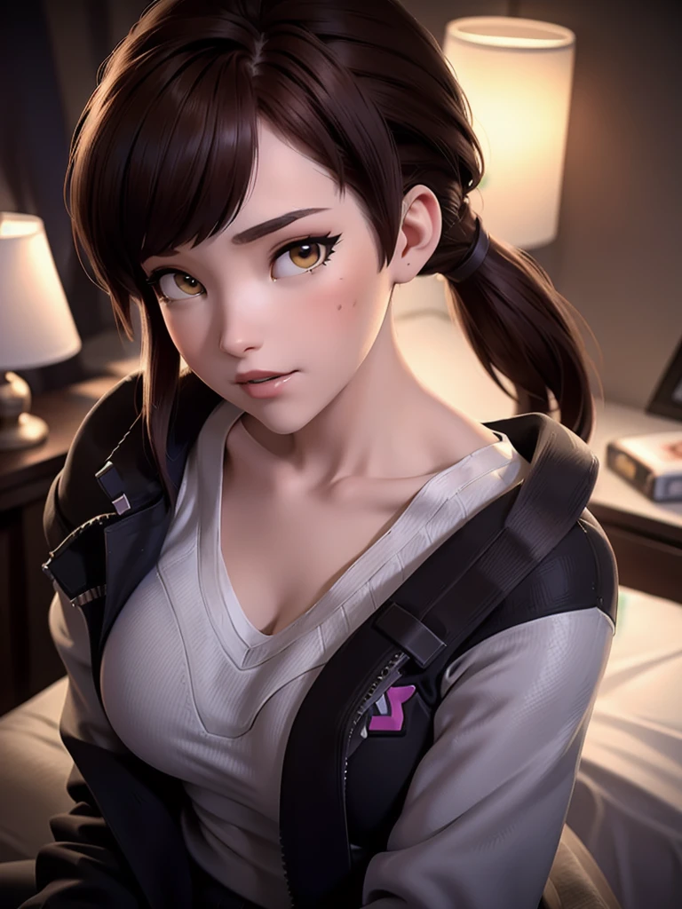 (DVA from Overwatch) without mech, a beautiful woman with short brown hair in a (ponytail), high quality refelctions, volumetric lighting, wearing a (plain white t-shirt), in her bedroom on her bed, 1 girl solo, cinematic lighting, high resolution, physically-based rendering, extremely detailed, 8k, volumetric lighting, hyperrealistic, detailed facial features, masterpiece, intricate details, full upper body, gaming setup in background, cinematic, you can see the fabric of the shirt and the knits very detailed, small breasts