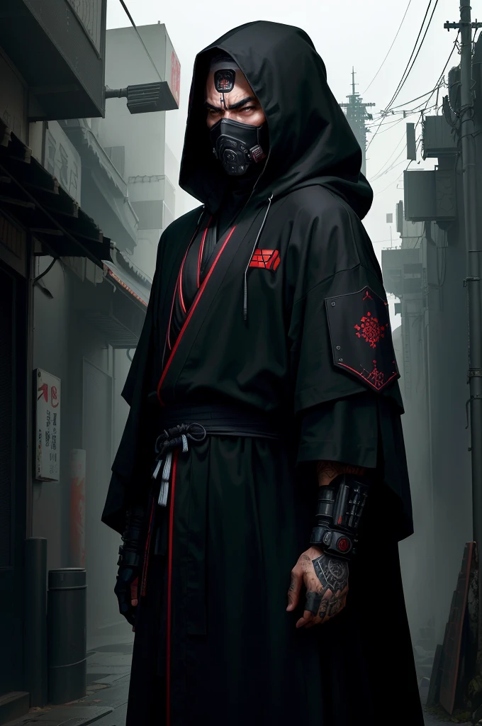 there is a man in a black robe and a hooded sweatshirt, very beautiful Samurais ciberpunk, Samurais ciberpunk, portrait of a Samurais ciberpunk, urban samurai, gothic ninja, Benedito Bana, assassino ciberpunk, senhor sith encapuzado, samurai jedi, samurai de rua, dark cyberpunk illustration, Ronin, capanga de rua cyberpunk, vestindo um manto escuro, Inspired by Kan&#39;o Hōgai