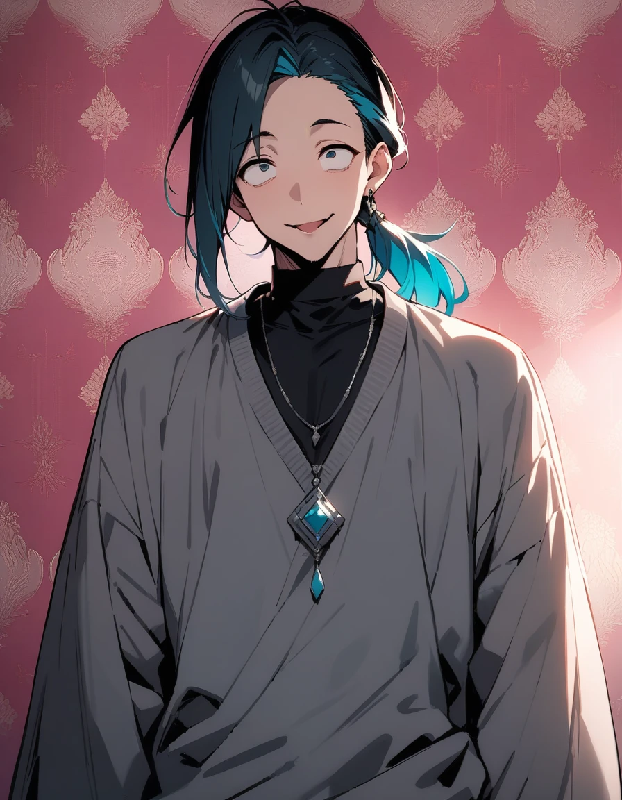 ((((best masterpiece, best quality, wallpaper,)))) solo, 1male, 30 years old, handsome man, medium long shot, view straight on, looking at viewers, beautiful detailed, longuette,mediumturquoise hair, Lower short ponytail, asymmetrical bangs, ((((^o^, ,tareme, droopy eyes,)))) sharp nose, seductive smile, clear face, black turtleneck, grey cardigan, (silver earrings, silver necklace,) leggings, Clothes, lighting back, backlighting, pink background color,