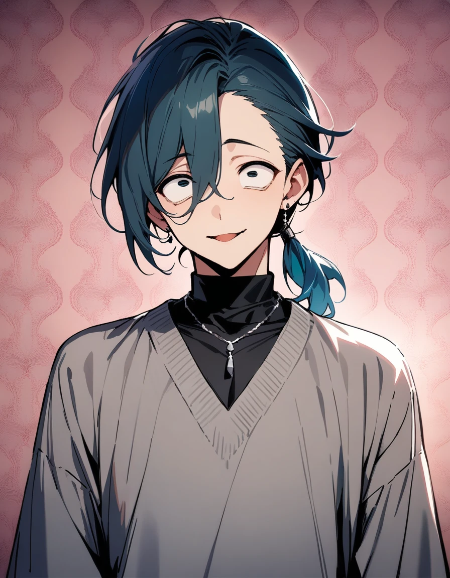 ((((best masterpiece, best quality, wallpaper,)))) solo, 1male, 30 years old, handsome man, medium long shot, view straight on, looking at viewers, beautiful detailed, longuette,mediumturquoise hair, Lower short ponytail, asymmetrical bangs, ((((^o^, ,tareme, droopy eyes,)))) sharp nose, seductive smile, clear face, black turtleneck, grey cardigan, (silver earrings, silver necklace,) leggings, Clothes, lighting back, backlighting, pink background color,