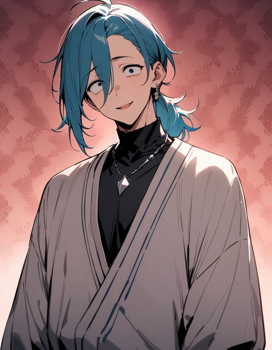 ((((best masterpiece, best quality, wallpaper,)))) solo, 1male, 30 years old, handsome man, medium long shot, view straight on, looking at viewers, beautiful detailed, longuette,mediumturquoise hair, Lower short ponytail, asymmetrical bangs, ((((^o^, ,tareme, droopy eyes,))))  sharp nose, seductive smile, clear face, black turtleneck, grey cardigan, （silver earrings, silver necklace,） leggings, Clothes, lighting back, backlighting, pink background color,