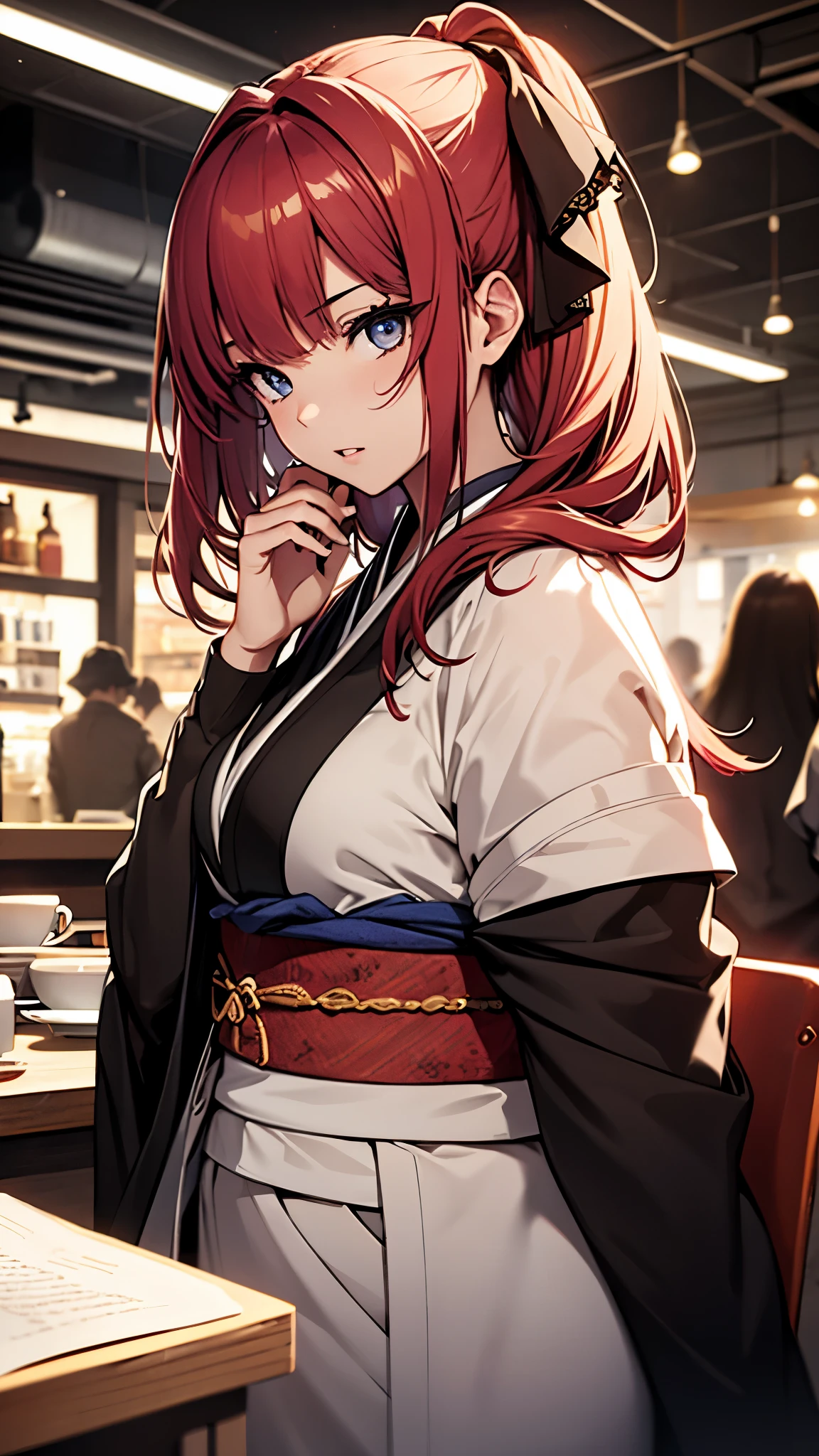 (1girl:1.3), Masterpiece, Best quality, amazing beauty, [[3D]], 4K, absurdres, finely detail, super detailed eye, perfect anatomy, official art, cinematic lighting, BREAK, cafe, silky long hair, red hair, super shiny detailed black eye, big eyes, cute eyes, thin eyebrow, （retreating figure）, she's hiding her face. close-mouth, thin lips, BREAK , usually, tall, medium, fair skin, detailed skin, Are standing, profile, from front, Bright Lighting, BREAK , (kimono:1.2), She's sitting in a chair reading a book.
