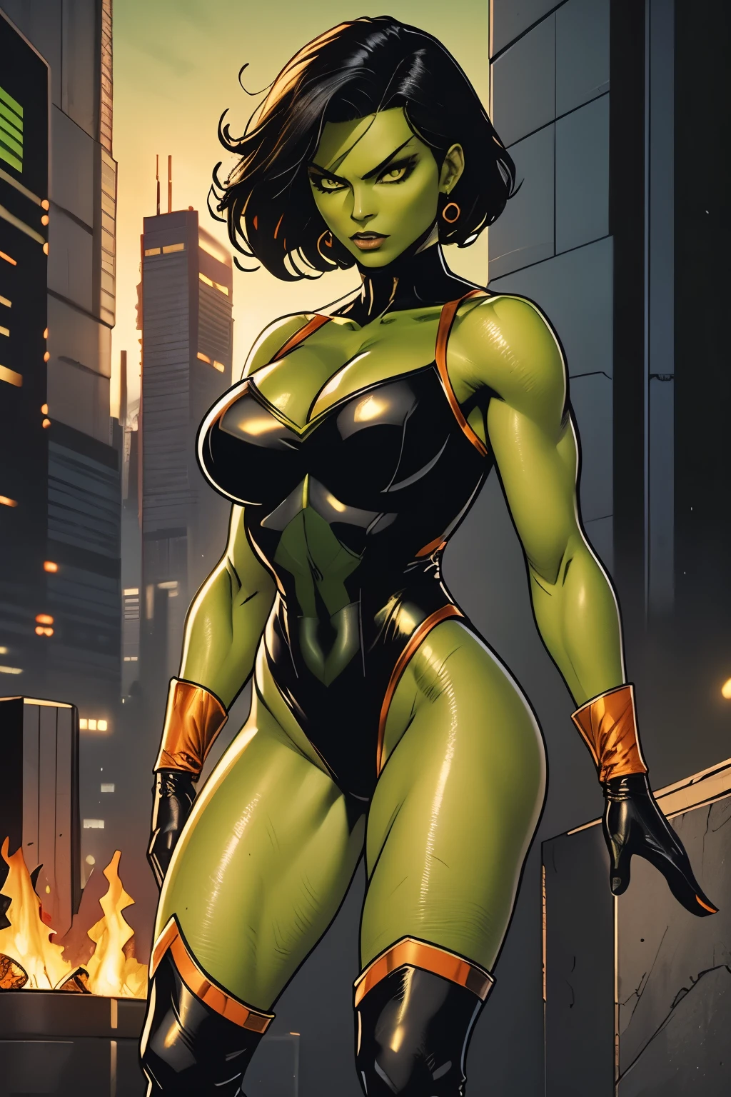 A gorgeous Latina superheroine mutant with short black hair, green skin, scaly skin, golden eyes, wearing a (black and orange leotard, thigh-high boots, long gloves).  Fire powers.  Big breasts.