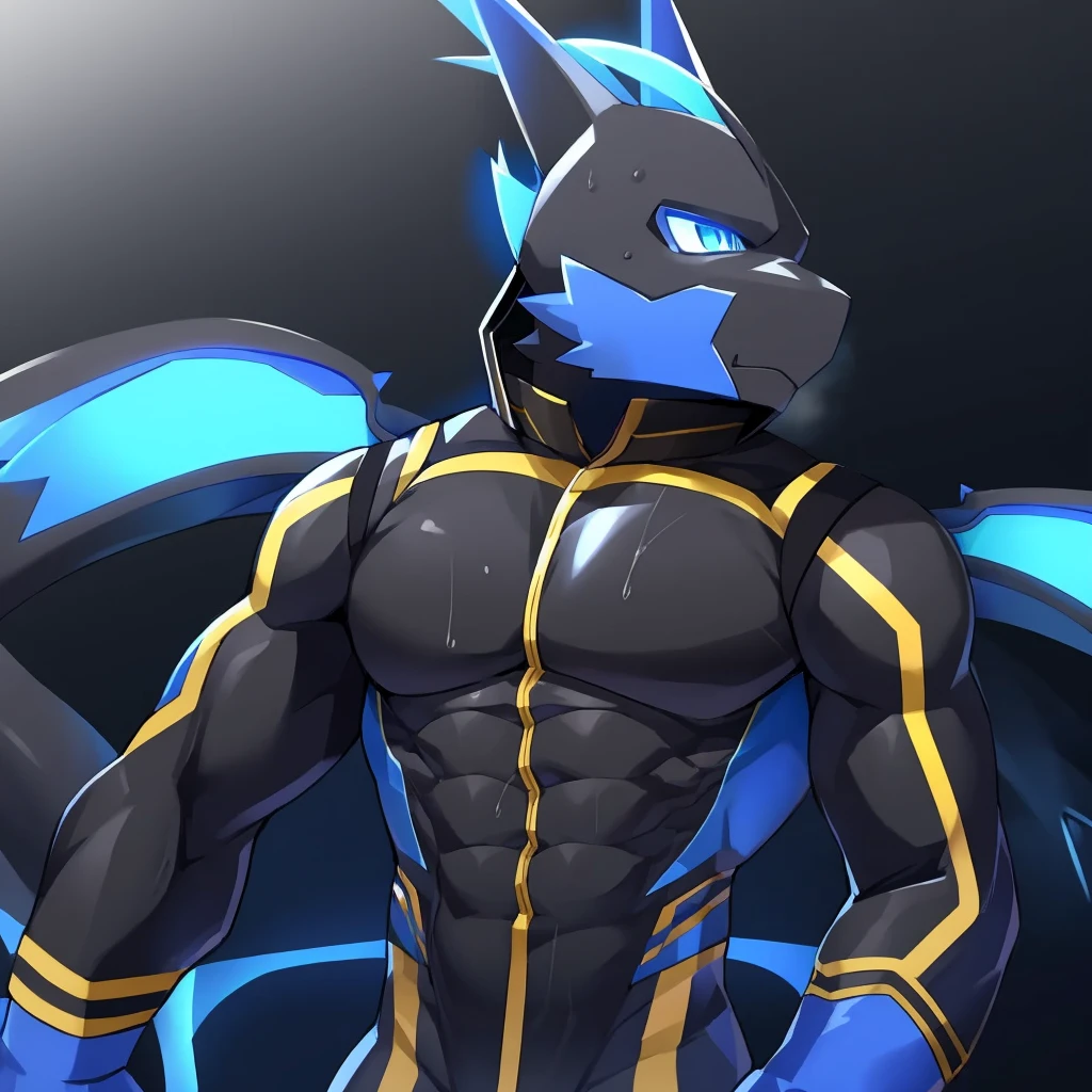 Thin macho western black dragon abs Hollow abs body suit thick arms chest rig 、sweaty skin glow profile Wearily short of breath Chemo shota Thick chest have a blue eyes Tired look Glowing abs Deep abdominals jacket profile one person
