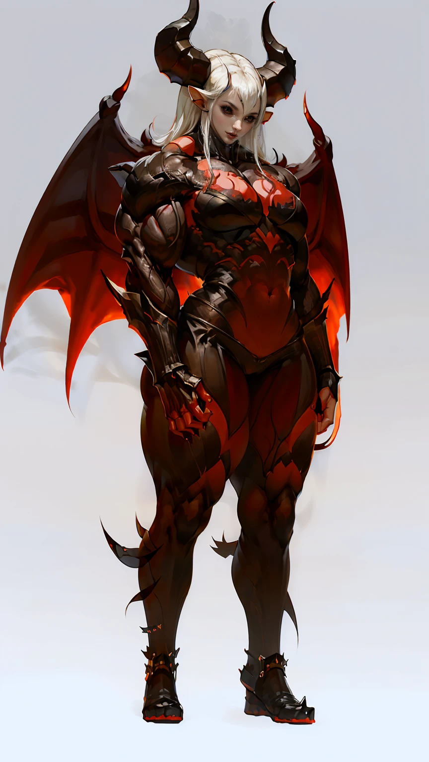 (megan fox), ((((((1 muscular demon girl)))))), (((huge upper body))), long hair, ((((huge demon wings))), (((pale skin))), (((sharp teeth, Huge horns, large nails))), navel, ((((full body front view)))), (((perfect hands, perfect fingers))), (((black empty background)))