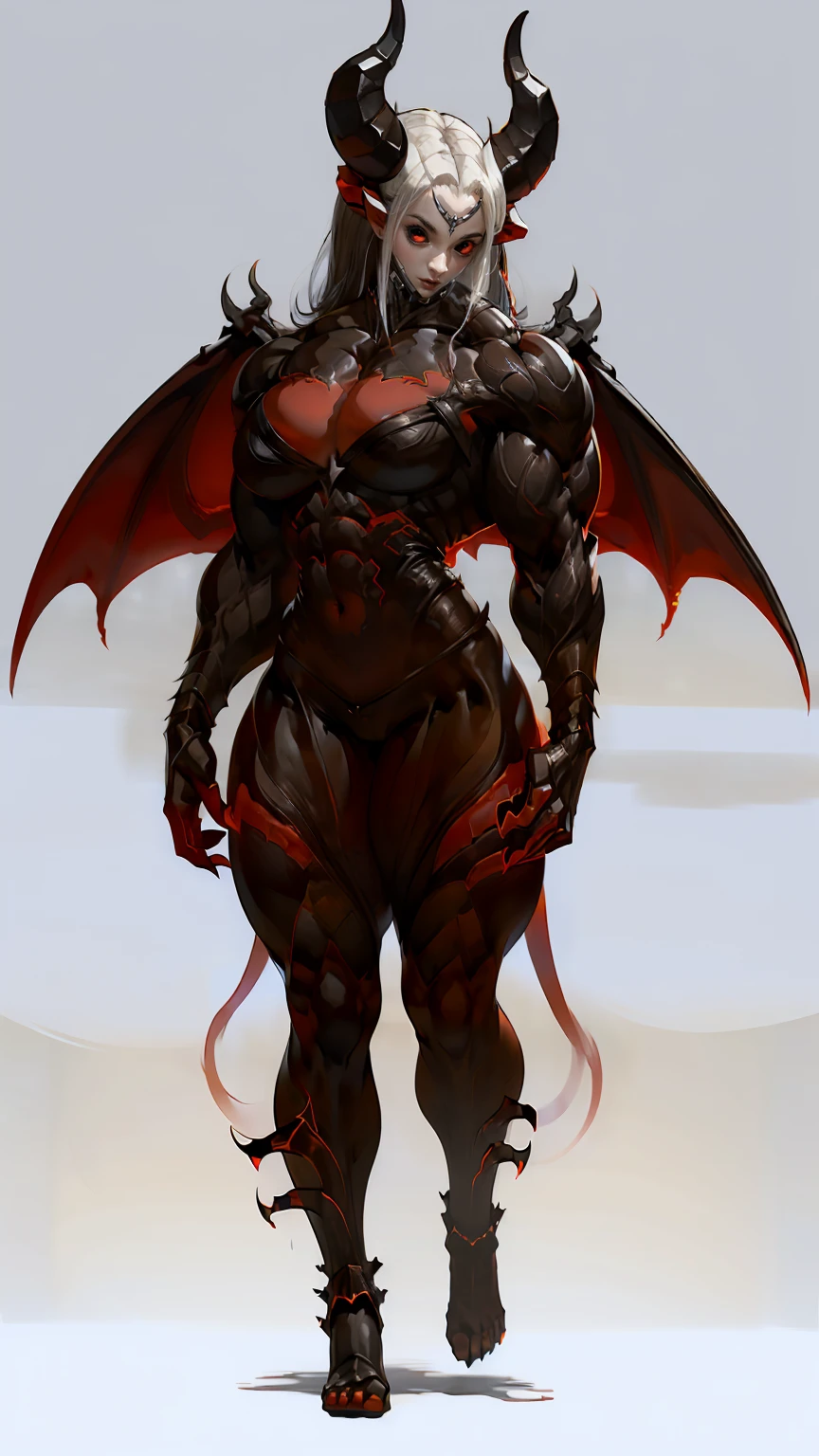 (megan fox), ((((((1 muscular demon girl)))))), (((huge upper body))), long hair, ((((huge demon wings))), (((pale skin))), (((sharp teeth, Huge horns, large nails))), navel, ((((full body front view)))), (((perfect hands, perfect fingers))), (((black empty background)))