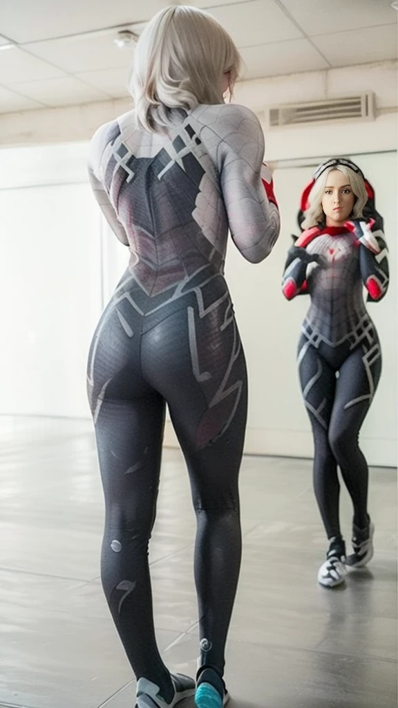 18yo Girl,White Spider-Man suit,short and wavy hair,blondehair,beautifulface,lluvia,teto,The Masterpiece,exquisite detailing,Perfect anatomy,best qulity,ultra-highresolution,4k, Full body Shot