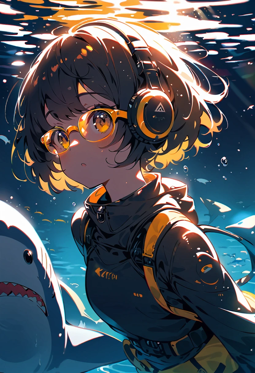 (extremely detailed fine touch:1.3), (hard light, studio light, light rays, dappled light, reflection, shadows, ray tracing:1.0), (2D:1.3), ///, kawaii girl, scuba diving, beautiful sea, great white shark, (super very short hair:1.3), surrounded by shining light, (((yellow glasses:1.3))), underrim_metal, headphones,