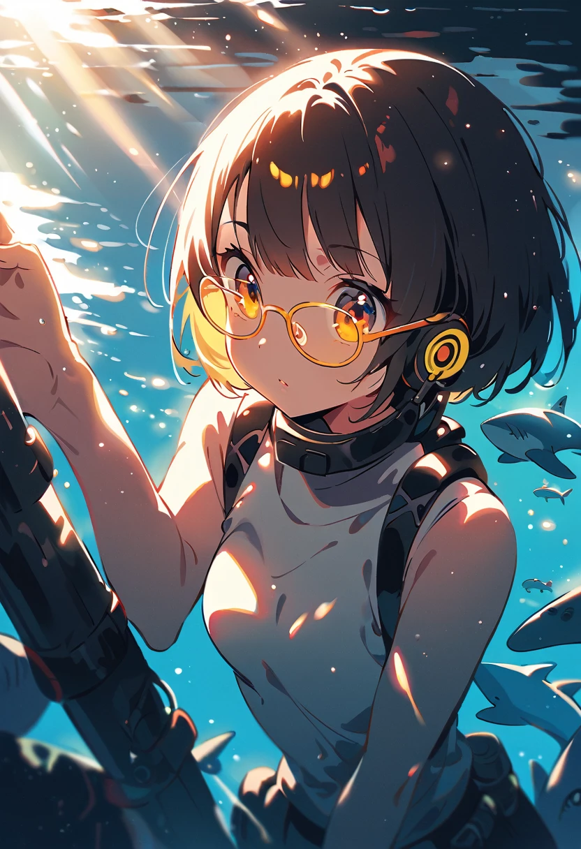 (extremely detailed fine touch:1.3), (hard light, studio light, light rays, dappled light, reflection, shadows, ray tracing:1.0), (2D:1.3), ///, kawaii girl, scuba diving, beautiful sea, great white shark, (super very short hair:1.3), surrounded by shining light, (((yellow glasses:1.3))), underrim_metal, headphones,