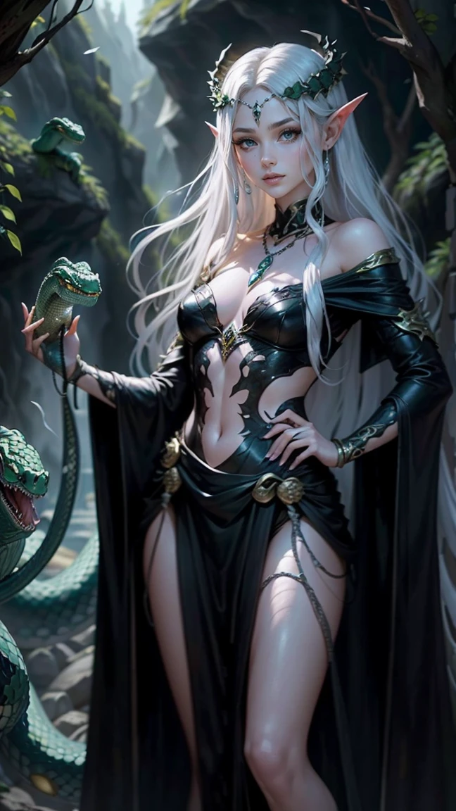 ((highest quality、masterpiece、8k、Realistic、超High resolution:1.3、Very delicate and beautiful、High resolution))、Cinema Lighting、medium range shooting、Portraiture、Perfect female body、Opposition、Looking at the audience、((Medusa from Another World、(Hair made up of countless small snakes:1.6、Reptilian eyes:1.4)、Ruthless smile、Petrifying gaze、scaly skin))、Emerald decoration、Sharp Fangs、Eyes shining in the dark、Ancient curses、Mysterious Aura、Cave of Darkness、Statue of the Victim、Silver bracelet、Poison Claws、Black Robe、Night Forest、Cold wind、Dark Shadows、Sharp Claws、Gemstone Necklace、coiled snake、Wicked Charm、cause fear、Magical Power、Ancient mythology、Hidden Cave、Stone statue、A Legend、Otherworldly background、Eternal Curse、Golden Eyes。