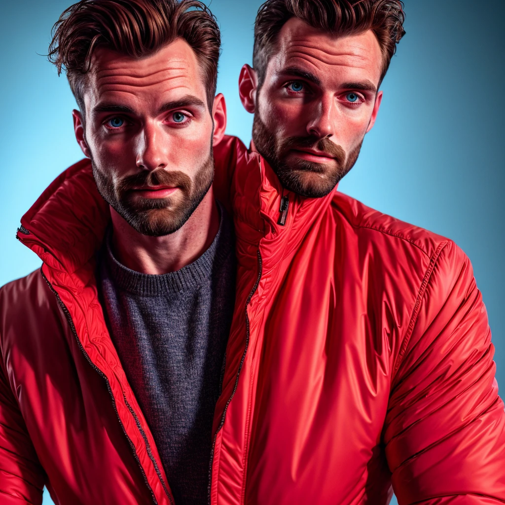 closeup upper body portrait of handsome man harryst,, wearing a jacket red, (bisexual lighting:1.15), promotional photograph, (hdr),sharp focus, (cinematic), soothing tones, exposure blend, rim lighting, looking at viewer  