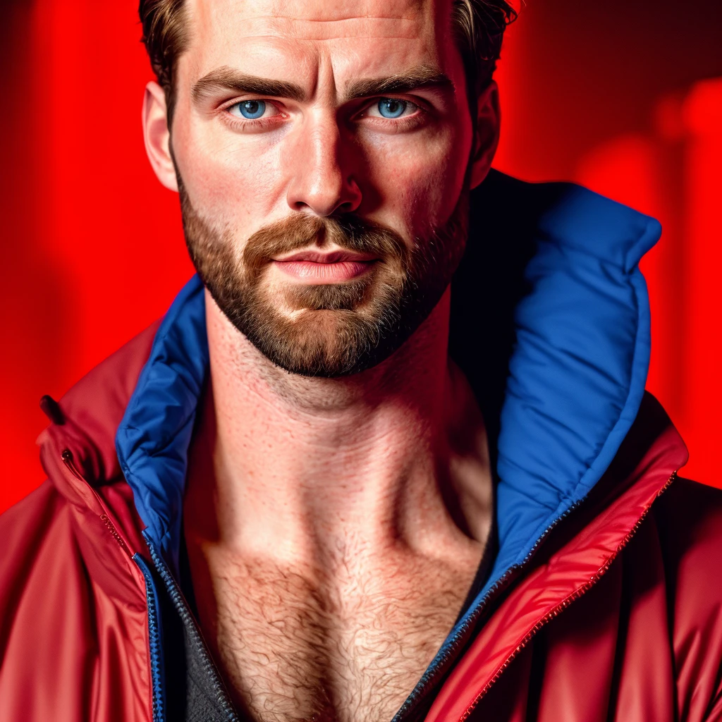 closeup upper body portrait of handsome man harryst,, wearing a jacket red, (bisexual lighting:1.15), promotional photograph, (hdr),sharp focus, (cinematic), soothing tones, exposure blend, rim lighting, looking at viewer  