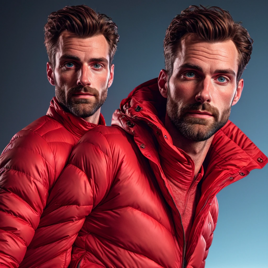 closeup upper body portrait of handsome man harryst,, wearing a jacket red, (bisexual lighting:1.15), promotional photograph, (hdr),sharp focus, (cinematic), soothing tones, exposure blend, rim lighting, looking at viewer  