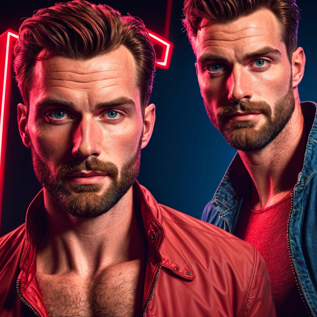 closeup upper body portrait of handsome man harryst,, wearing a jacket red, (bisexual lighting:1.15), promotional photograph, (hdr),sharp focus, (cinematic), soothing tones, exposure blend, rim lighting, looking at viewer  