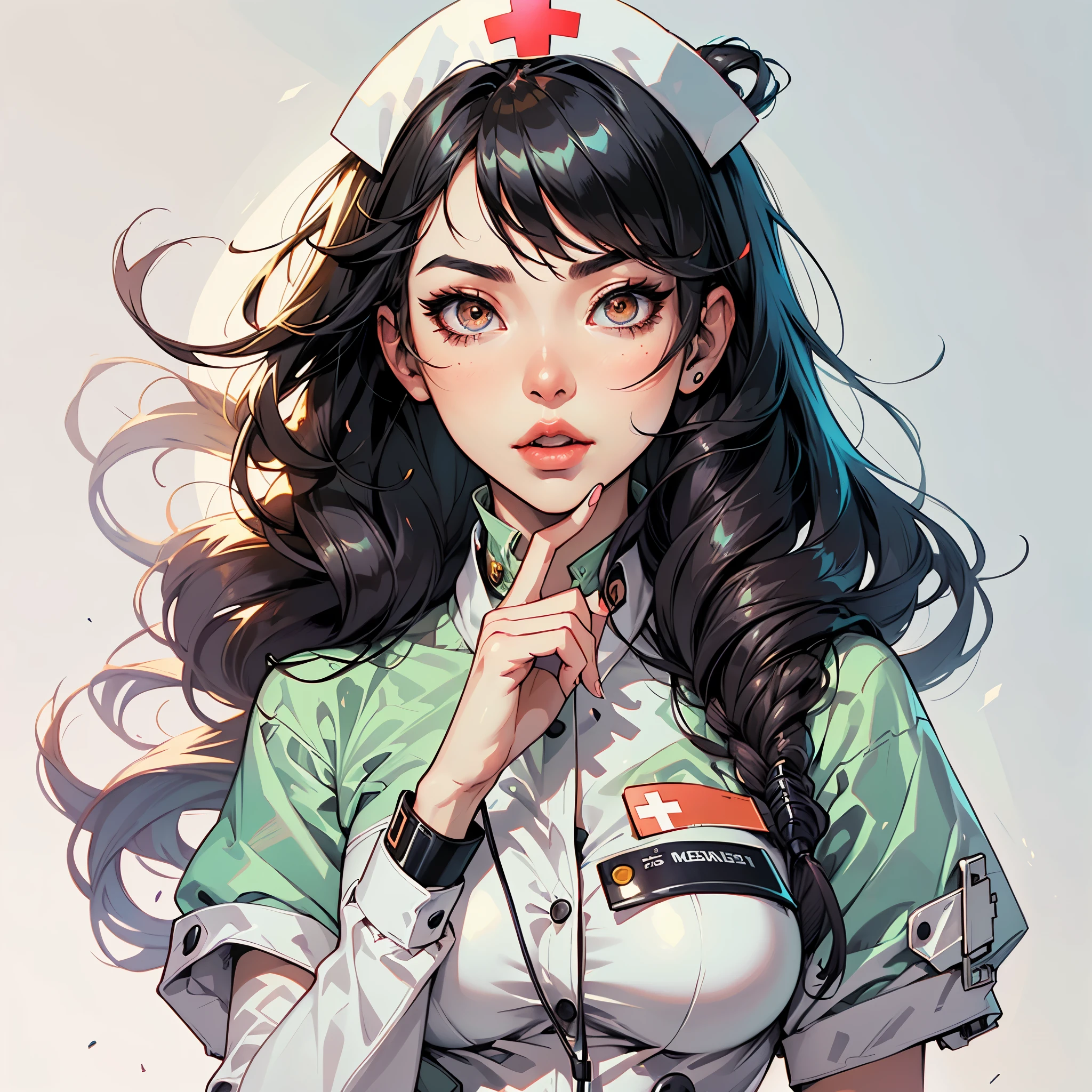 Anime girl with long hair and a nurse's uniform putting her finger to her lips, nurse girl, Artgerm. Anime illustration, ! dream artgerm, Modelo IG | Artgerm, :: RossDrew, enfermera, Estilo Artgerm, Artgerm extremadamente detallado, Como Artgerm, Lindo arte digital detallado, Obras de arte al estilo de Guweiz