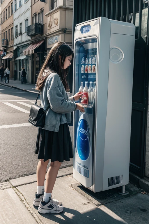 GIRL observing a soda machine on the street.