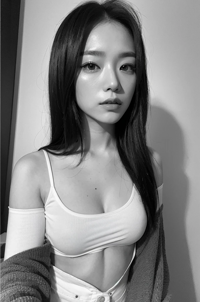 ((highest quality)), ((8K)), ((masterpiece: 1.3)), (Perfect appearance), (Photorealism: 1.6), (Ultra high definition), (monochrome), (JMA), (Japanese Matureの肖像画), (Mature woman's profile), (60 years old, Japanese Mature), ((Realistic skin texture)), ((Realistic skin texture)), (Fine lines all over the skin), (Dull skin), (Facial wrinkles), (Wrinkles around the eyes), double eyelid, Tear bags under the eyelids, Gaze into the distance,