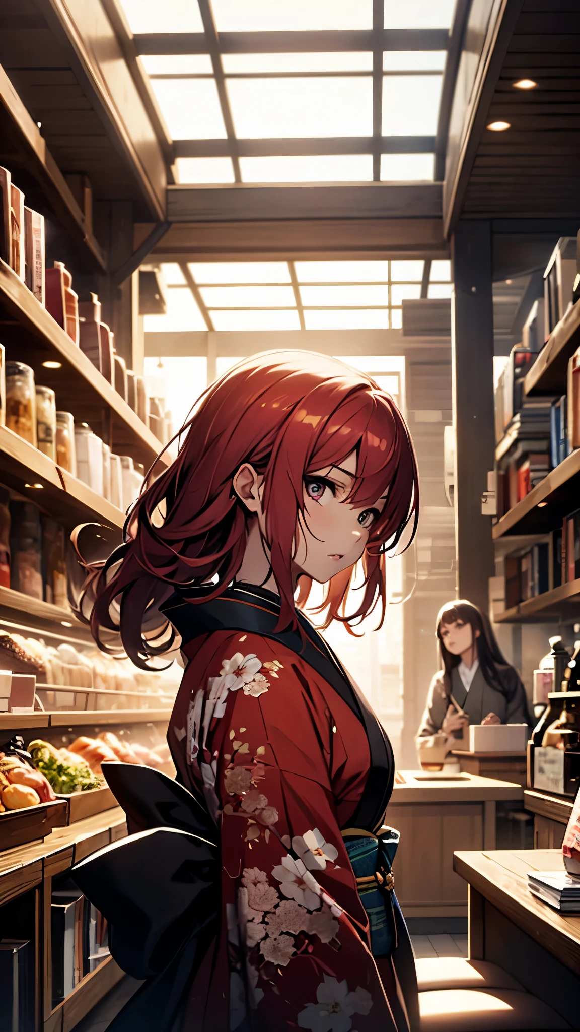 (1girl:1.3), Masterpiece, Best quality, amazing beauty, [[3D]], 4K, absurdres, finely detail, super detailed eye, perfect anatomy, official art, cinematic lighting, BREAK, cafe, silky long hair, red hair, super shiny detailed black eye, big eyes, cute eyes, thin eyebrow, （retreating figure）, she's hiding her face. close-mouth, thin lips, BREAK , usually, tall, medium, fair skin, detailed skin, Are standing, profile, from front, lighting, BREAK , (kimono:1.2), She's sitting in a chair reading a book.