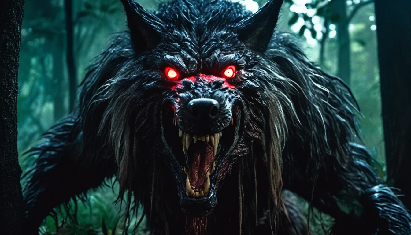 Brazil, 70s, night, a monstrous and terrible and ferocious werewolf with sharp claws and large fangs, red eyes, standing in a forest. Cinema scene, realistic photo, 8k.