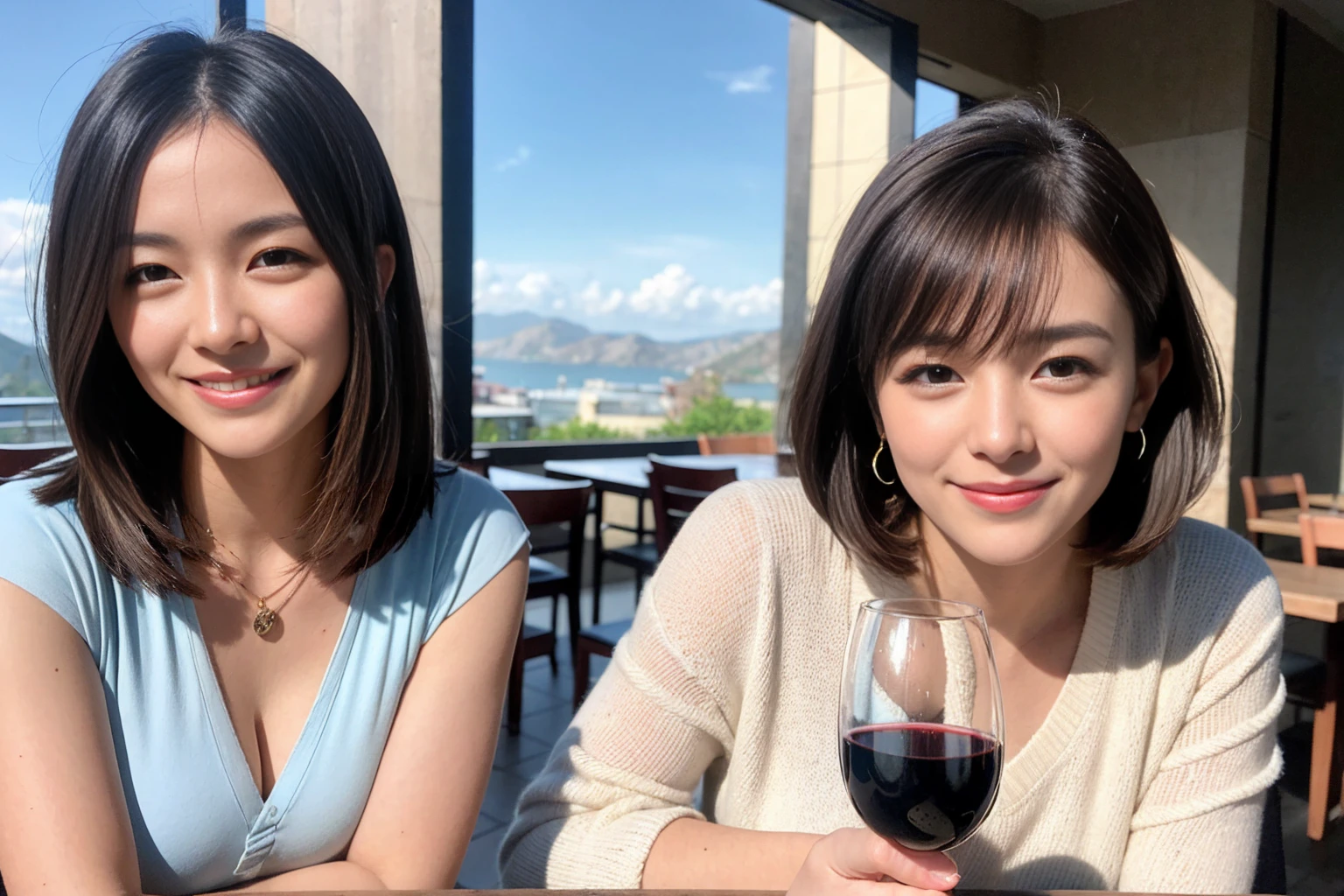 ((highest quality、8k、masterpiece:1.3))、1 male、1 female、Couple、spouse、Couple、The body is slim、((Bob Hale、Straight hair:1.2)), (Realistic, Intricate details:1.2), テーブルの上のwine glass、Put the light on your face、 Amazing view of the sunset sky and clouds、Amazing mountain views、A bright smile、The wonderfulness of smile、Bright image、The beauty of wine, Beautiful Face, blue eyes, The light shines on your face, Blushing, short hair,Bright Face、 (age 34), 39 years old, red wine 、Appetizers、Italian food、Wine bottle、Champagne、sparkling wine、Two beauties、Brown Hair、Shortcuts、Long sleeve shirt、dress、Pretty Woman 1, (slimな顔), (The body is slim), (Brown Hair), (Shortcuts), cheeks turn a little red,Attractive beauty、restaurant, In a prominent place (From the waist up) Nova Frog Style, actress, model, Upper Body, White wine, slim, wine glass, 中央に置かれたwine glass, smile, (smile: 1.15), Beautiful fine grain, Depth f/2,saturation, High Contrast, Strong light and shadow,Moist Body:1.5、3D texture、Delicate eyes、Brown Hair、The hair is very shiny、