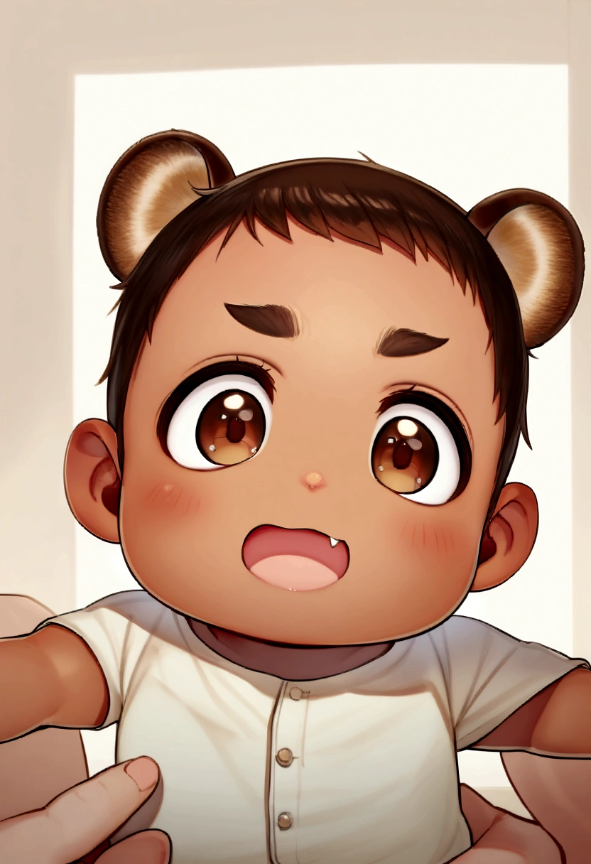 bust_portrait, boy, raccoon ears, brown hair, brown eyes, fang, tan skin, cute adorable, little boy, shota, toddler, cute, innocent