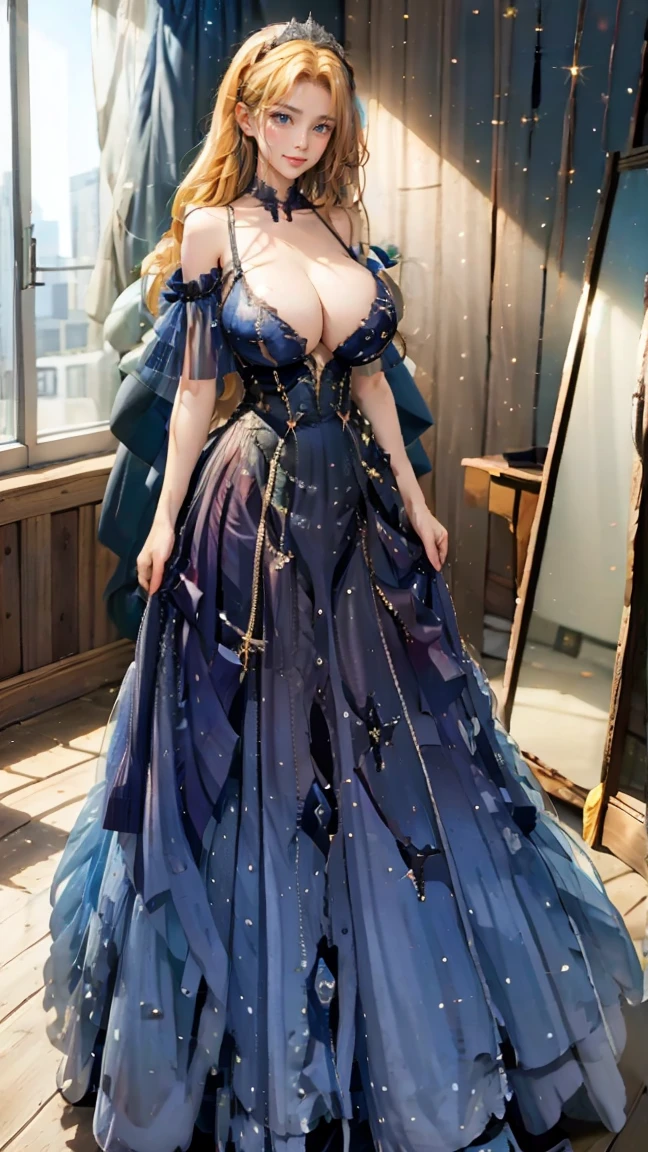 Best quality, masterpiece, ultra high res, raw photo, beautiful and aesthetic, deep shadow, fairy theme,(ultra detailed:1.3),
1girl, standing pose, headdress, (beautiful face, detailed eye:1.2), embarrassed, drill hair, long hair, blonde hair, gradient hair, yellow eyes, solo, (busty breasts, gigantic breasts:1.1), big hair, blue hair, divine goddess, looking at viewer, indoors, luxurious bedroom, room full of curtain, astraea, full body, long dress,bare shoulders,