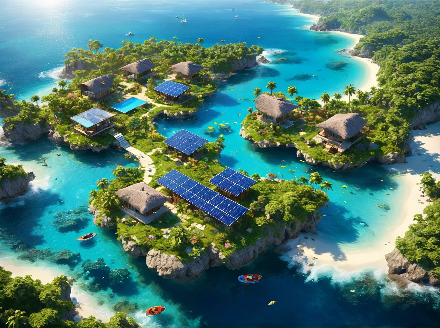 Illustrate a floating island entirely powered by solar energy, complete with lush gardens and eco-friendly houses. The background is a serene ocean with the sun shining brightly. The island is vibrant and idyllic, with solar panels integrated seamlessly into the landscape