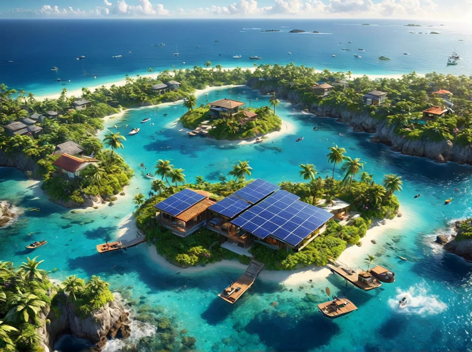 Illustrate a floating island entirely powered by solar energy, complete with lush gardens and eco-friendly houses. The background is a serene ocean with the sun shining brightly. The island is vibrant and idyllic, with solar panels integrated seamlessly into the landscape