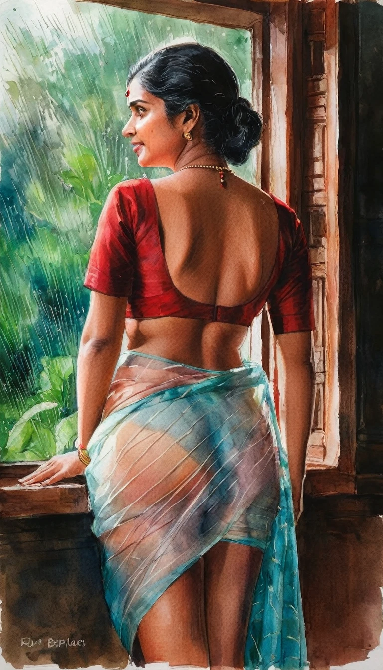 Pastel watercolor sketch of a kerala woman kf age 40 wearing transparent saree she has almost striped that saree, her thighs visible, , looking outside her window to nature seeing rain and breeze, her back view is shown, red blouse almost off to her waist showing bare back, pastel artwork, painting from a novel or movie