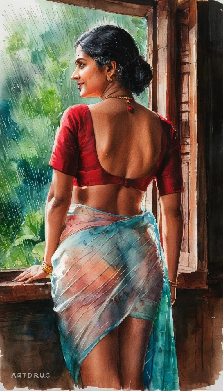 Pastel watercolor sketch of a kerala woman kf age 40 wearing transparent saree she has almost striped that saree, her thighs visible, , looking outside her window to nature seeing rain and breeze, her back view is shown, red blouse almost off to her waist showing bare back, pastel artwork, painting from a novel or movie