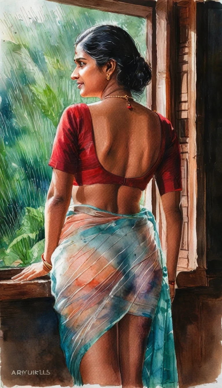 Pastel watercolor sketch of a kerala woman kf age 40 wearing transparent saree she has almost striped that saree, her thighs visible, , looking outside her window to nature seeing rain and breeze, her back view is shown, red blouse almost off to her waist showing bare back, pastel artwork, painting from a novel or movie