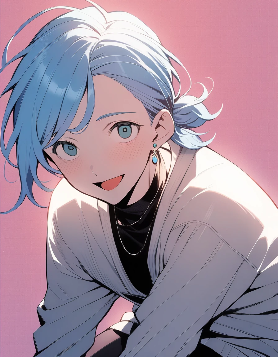 ((((best masterpiece, best quality, wallpaper,)))) solo, 1male, 30 years old, handsome man, medium long shot, view straight on, looking at viewers, beautiful detailed, longuette,mediumturquoise hair, Lower short ponytail, asymmetrical bangs, ((((^o^, ,tareme, droopy eyes,)))) sharp nose, seductive smile, clear face, black turtleneck, grey cardigan, (silver earrings, silver necklace,) leggings, Clothes, lighting back, backlighting, pink background color,