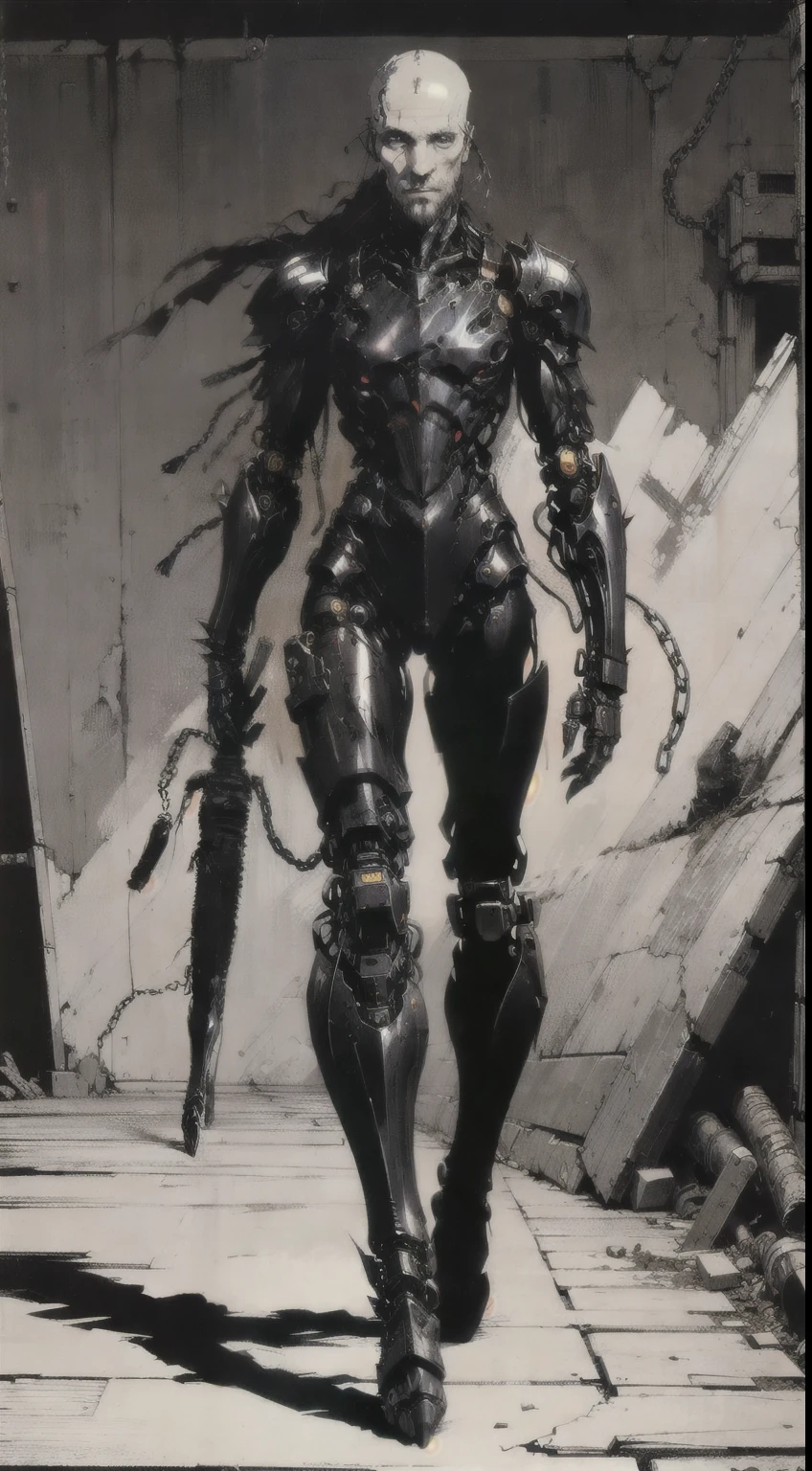 1man, old man, perfect proportions, anatomically correct, (head to toe: 2.0), (full body image: 2.0), solo, extremely stylized, deviant art, masterpiece, highly detailed, detailed eyes, expressive detailed eyes, detailed pupils, futuristic, ((wearing an armored helmet)), ((holding a spiked flail)), (cybernetic arms:1.4), big boots, entire body image, full body shot, nvinkpunk, professional photograph of alexander_skarsgard, tassles, large beads, (large tassels), cyberpunk, inkpunk, paint platter, ink splatter, (action pose:1.0), ((chainmail shirt)), old warrior, long beard, ((armor shoulders))