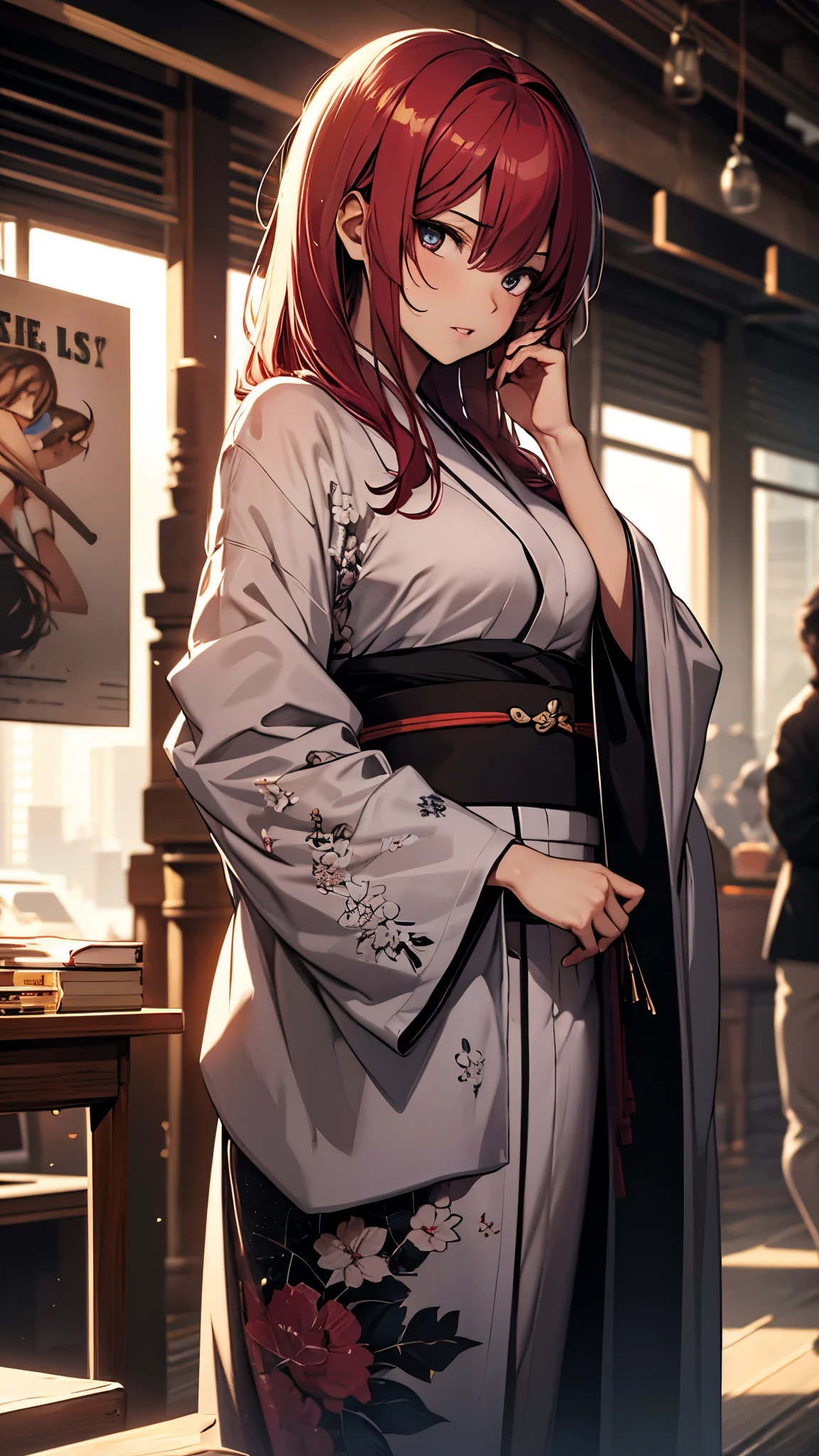 (1girl:1.3), Masterpiece, Best quality, amazing beauty, [[3D]], 4K, absurdres, finely detail, super detailed eye, perfect anatomy, official art, cinematic lighting, BREAK, cafe, silky long hair, red hair, super shiny detailed black eye, big eyes, cute eyes, thin eyebrow, （retreating figure）, she's hiding her face. close-mouth, thin lips, BREAK , usually, tall, medium, fair skin, detailed skin, Are standing, profile, from front, lighting, BREAK , (kimono:1.2), She's sitting in a chair reading a book.