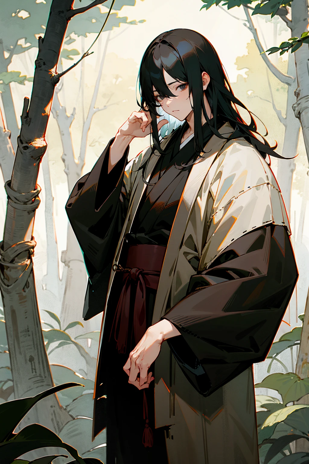 1male, white hair, black hair, half color hair, black eyes, black blindfold, haori, forest background, detailed background, hands to side, standing on path