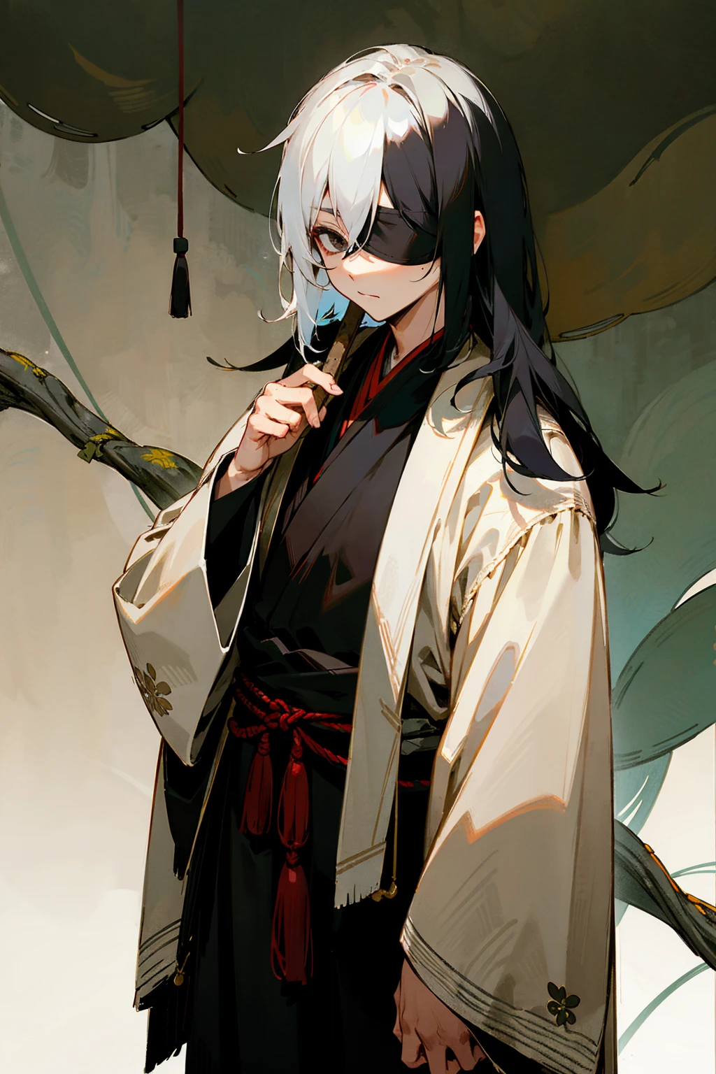 1male, white hair, black hair, half color hair, black eyes, black blindfold, haori, forest background, detailed background, hands to side, standing on path