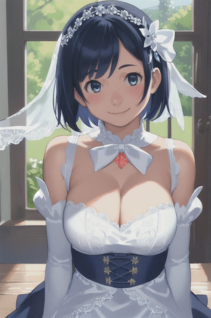 highres, sharp focus, pixiv masterpiece, ((intricate details)), highly detailed, upper body, 1girl,blue hair, short hair, Pure white wedding dress, hair ornament, cleavage,detached sleeves, ribbon,  Big Breasts、cute、smile