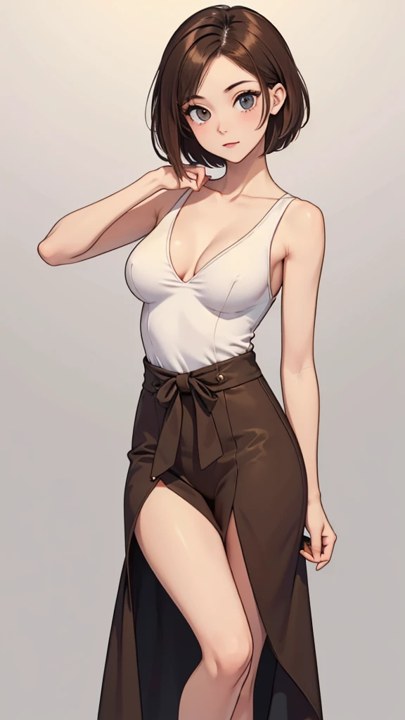 (((masterpiece, best quality, ultra highres, 1 girl, solo, no background))), super detailed skin and face and eyes and finger, beautiful japanese woman, small breasts:1.5, skinny, light brown hair, white background, very short hair, (an illustration of girl), Knee shot, Generate with illustrations, Various expressions, Various poses, Various Costumes,