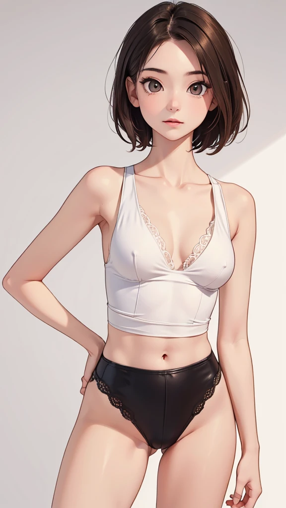 (((masterpiece, best quality, ultra highres, 1 girl, solo, no background))), super detailed skin and face and eyes and finger, beautiful japanese woman, small breasts:1.5, skinny, light brown hair, white background, very short hair, (an illustration of girl), Knee shot, Generate with illustrations, Various expressions, Various poses, Various Costumes, 