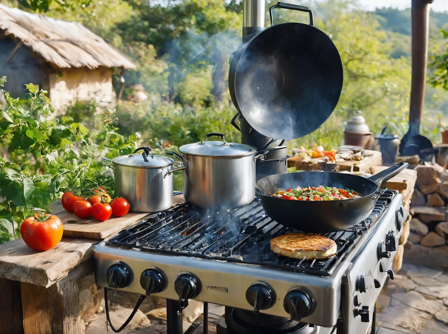 Show a wind-powered stove cooking food, with a large fan next to it generating the necessary wind. The background is an outdoor kitchen with other eco-friendly appliances. The scene is playful, with the wind visibly blowing and the food cooking perfectly