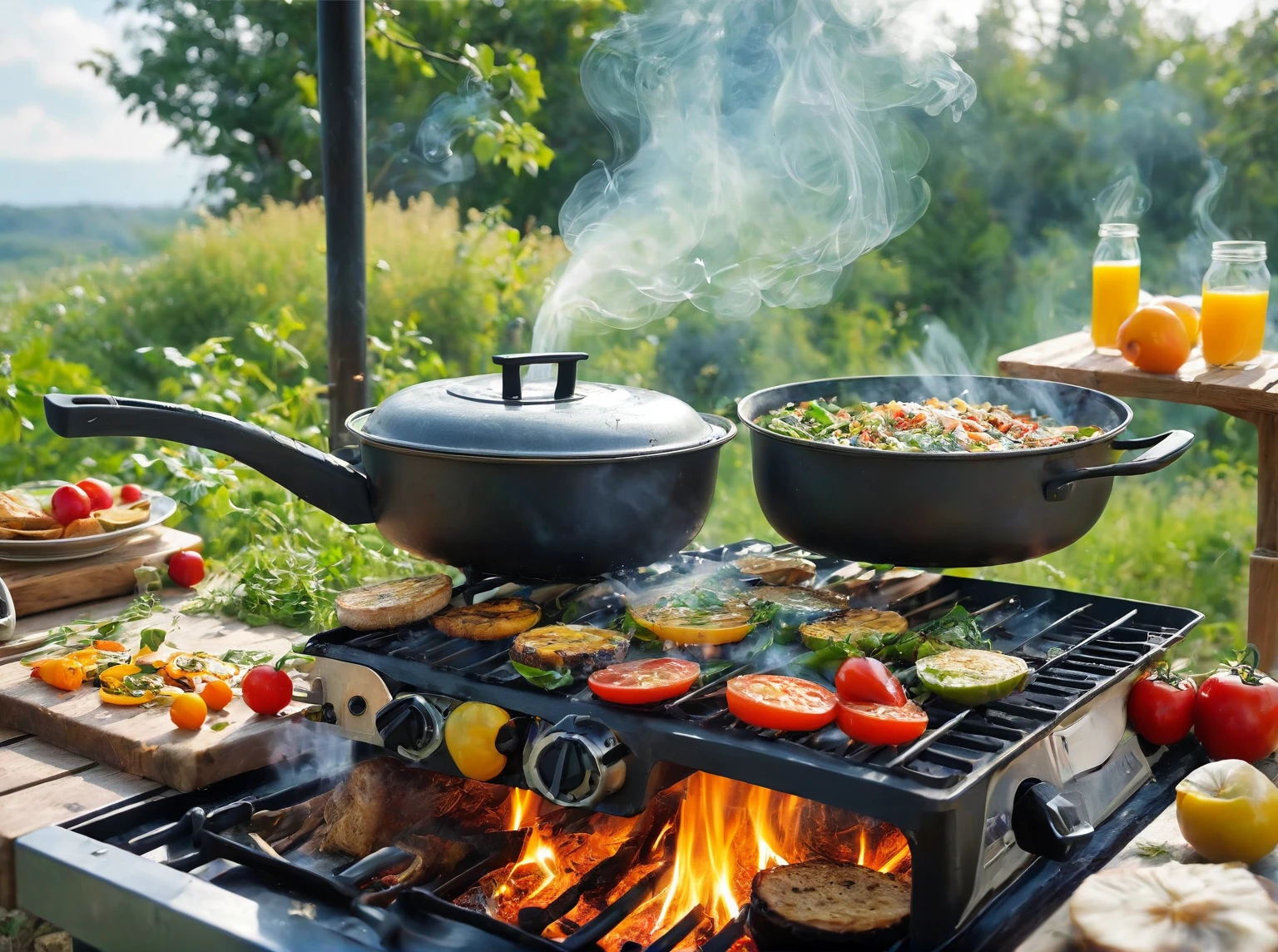 Show a wind-powered stove cooking food, with a large fan next to it generating the necessary wind. The background is an outdoor kitchen with other eco-friendly appliances. The scene is playful, with the wind visibly blowing and the food cooking perfectly