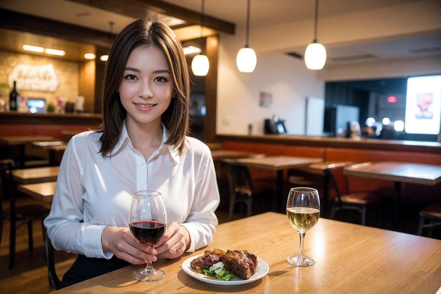 ((highest quality、8k、masterpiece:1.3))、1 male、1 female、Couple、spouse、Couple、The body is slim、((Bob Hale、Straight hair:1.2)), (Realistic, Intricate details:1.2), テーブルの上のwine glass、Shine light on your face、 Amazing view of the sunset sky and clouds、Amazing mountain views、A bright smile、The wonderfulness of smile、Bright image、The beauty of wine, Beautiful Face, blue eyes, The light shines on your face, Blushing, short hair,Bright Face、 (Age 43), 39 years old, red wine 、Appetizers、Italian food、Wine bottle、Champagne、sparkling wine、Two beauties、Brown Hair、Shortcuts、Long sleeve shirt、dress、Pretty Woman 1, (slimな顔), (The body is slim), (Brown Hair), (Shortcuts), cheeks turn a little red,Attractive beauty、restaurant, In a prominent place (From the waist up) Nova Frog Style, actress, model, Upper Body, White wine, slim, wine glass, 中央に置かれたwine glass, smile, (smile: 1.15), Beautiful fine grain, Depth f/2,saturation, High Contrast, Strong light and shadow,Moist Body:1.5、3D texture、Delicate eyes、Brown Hair、The hair is very shiny、
