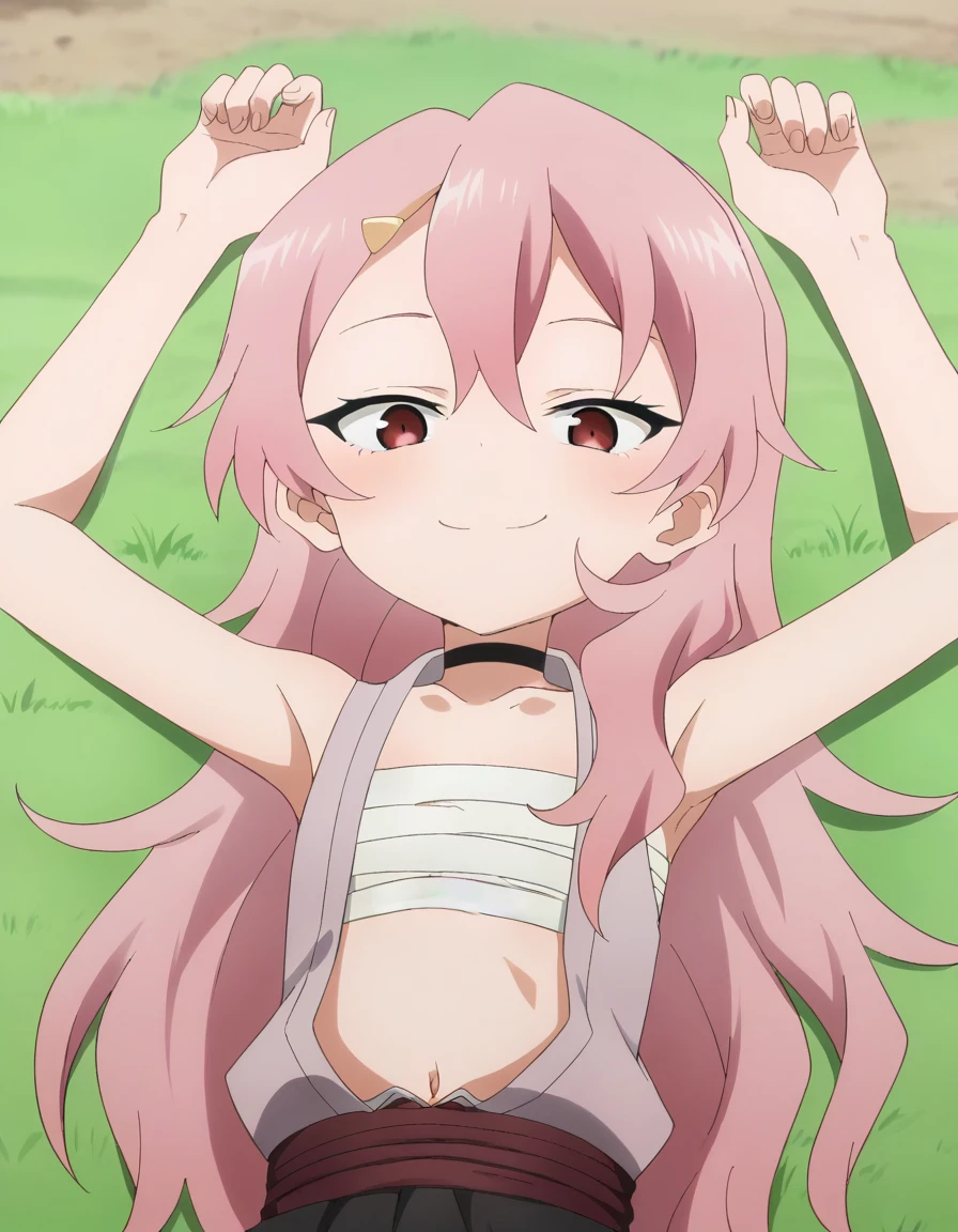 benisumomo, anime coloring ,BREAK source_anime, anime, long hair, hair ornament, red eyes, navel, pink hair, japanese clothes, choker, hairclip, flat chest, black choker, sarashi, chest sarashi, black skirt, high quality, solo, lying, on back, arms up, spread arms, closed mouth, on grass, spead legs, portrait, looking at viewer, smile, best quality