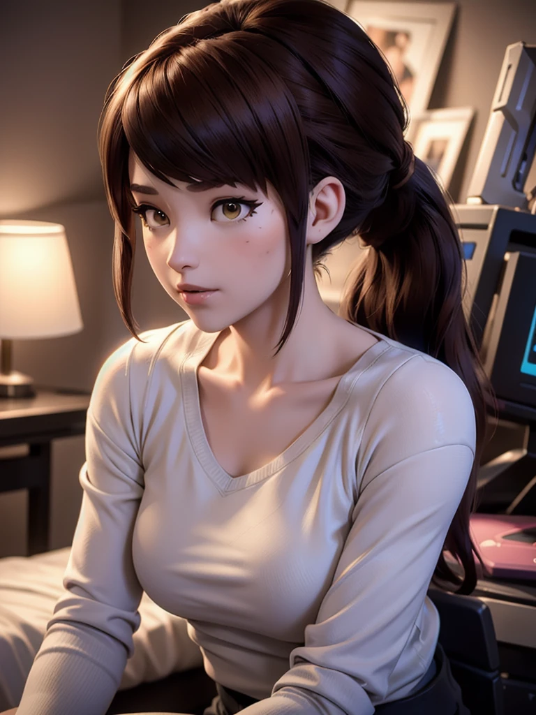 (DVA from Overwatch) without mech, a beautiful woman with short brown hair in a (ponytail), high quality refelctions, volumetric lighting, wearing a (plain white t-shirt), in her bedroom on her bed, 1 girl solo, cinematic lighting, high resolution, physically-based rendering, extremely detailed, 8k, volumetric lighting, hyperrealistic, detailed facial features, masterpiece, intricate details, full upper body, gaming setup in background, cinematic, you can see the fabric of the shirt and the knits very detailed, small breasts