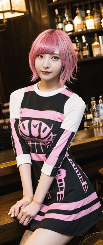 Cute punk idol、whole body、Good style、、、、、Skeleton print tight mini dress、、Pink Hair、Being inside the bar
