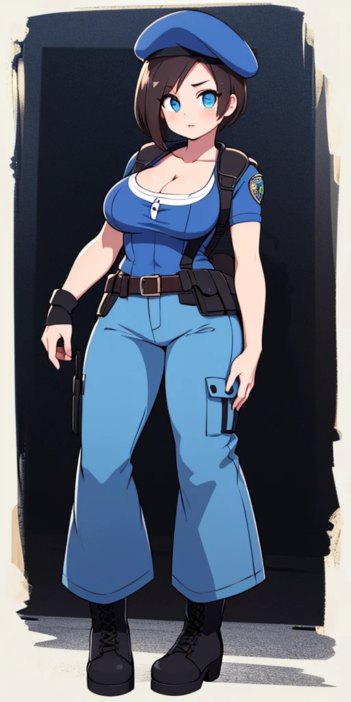 Jill Valentine, full body, masterpiece, best quality, 1girl, solo, standing, jillre1, beret, uniform, shoulder pads, short sleeves, harness, belt, blue pants(Wide flares on pants:1.2), cleavage, black combat boots, full body, perfect eyes, perfect red mouth,
