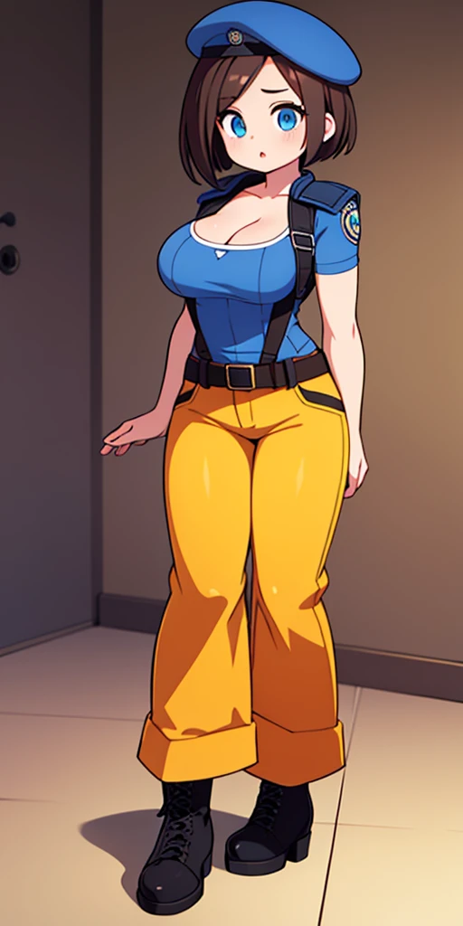 Jill Valentine, full body, masterpiece, best quality, 1girl, solo, standing, jillre1, beret, uniform, shoulder pads, short sleeves, harness, belt, blue pants(Wide flares on pants:1.2), cleavage, black combat boots, full body, perfect eyes, perfect red mouth,