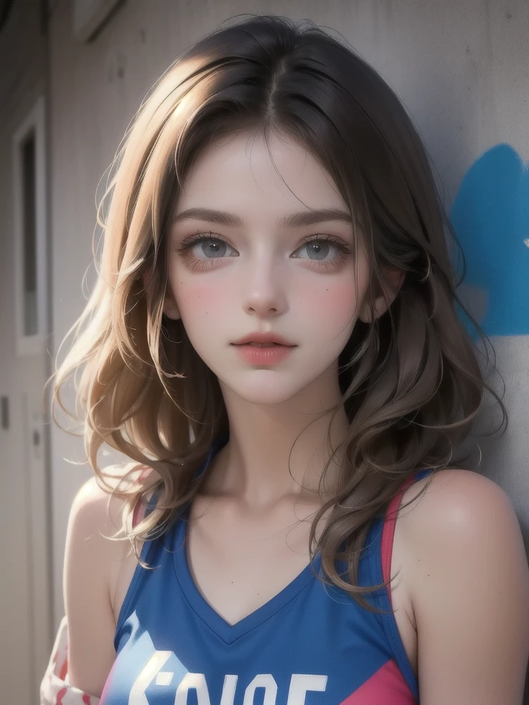 (best quality), masterpiece, Highly detailed CG 8k illustrations, Boss, extremely Boss saturation, All colors are deepened, painting, graffiti art, Center Configuration, Highly detailed light and shadow, Graffiti Wall, wall paintinged bright, A girl graffiti A girl is looking at the wall, The face and eyes are rich in detail, Medium Length Hair, Sportswear, Colored clouds、